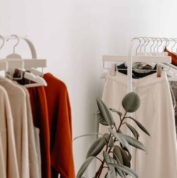 two white clothing racks with hanging clothes with a plant in between.