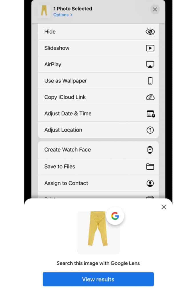 iPhone settings screen looking up yellow athleta leggings on Google lens.