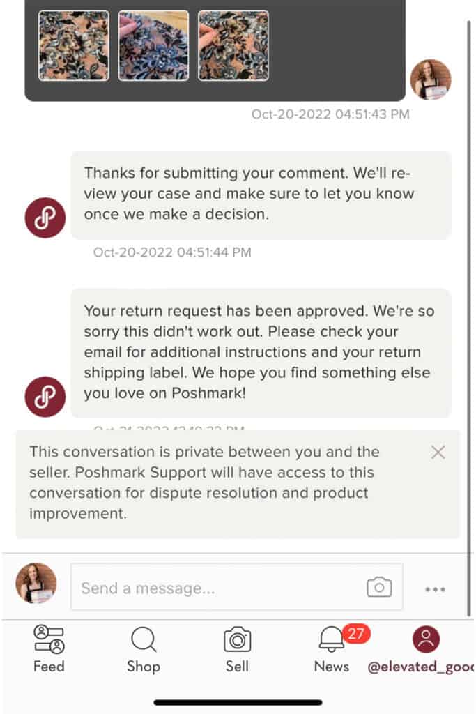 a picture of a chat conversation with Poshmark regarding an approval of a return.