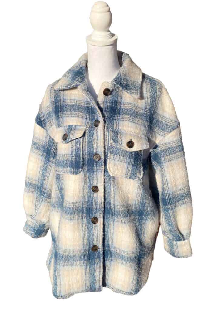 a blue and yellow plaid button up jacket.