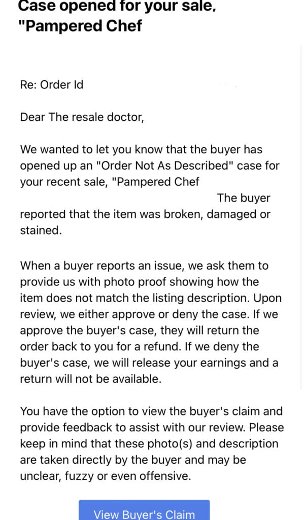 an email stating a buyer has opened a case on poshmark for a pampered chef item.