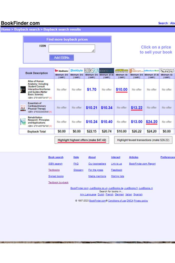 a screenshot from bookfinder.com with buyback values of 3 different healthcare textbooks.