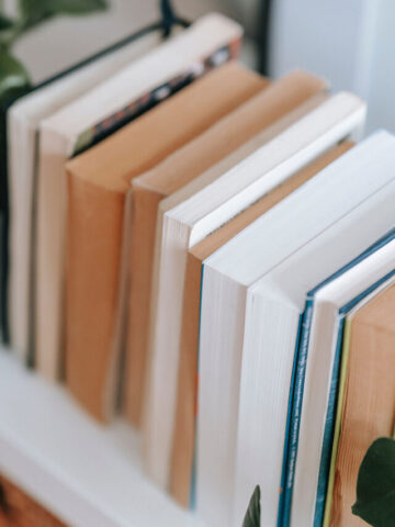 textbooks on a shelf placed upright with a plant next to the books.