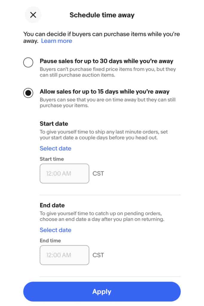 a screenshot from eBay that shows options for time away including pausing sales, allowing sales, and setting a date range.