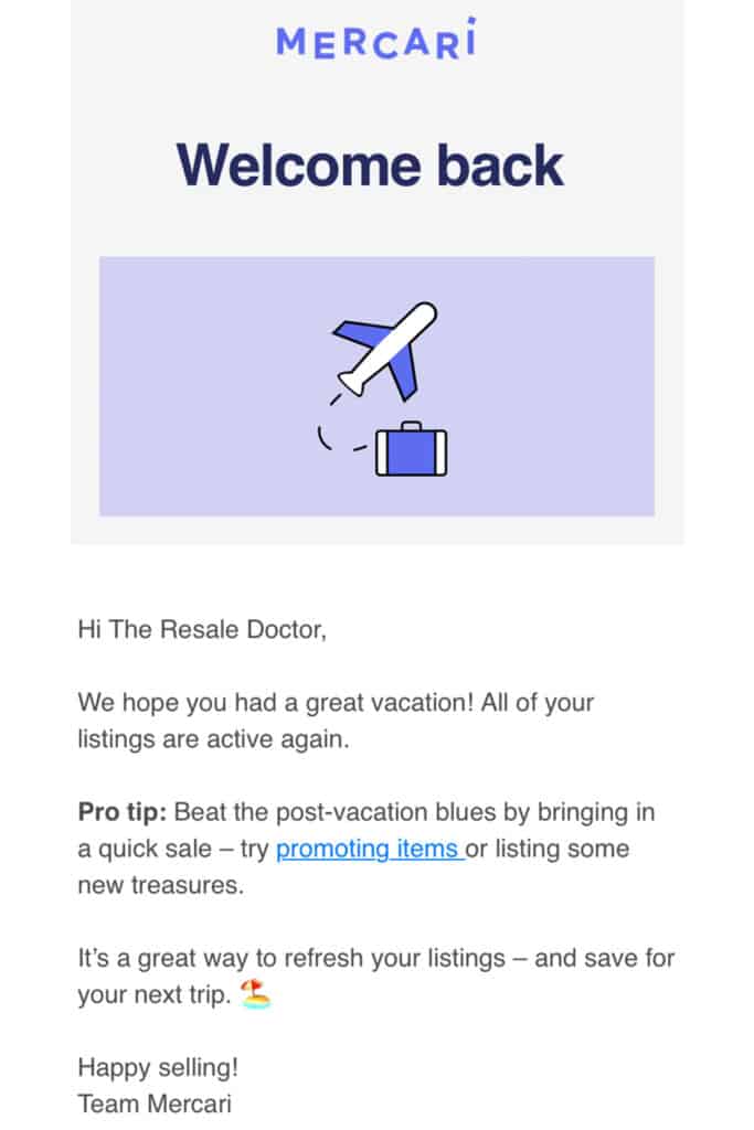 an excerpt from an email from mercari stating welcome back after vacation mode ended.