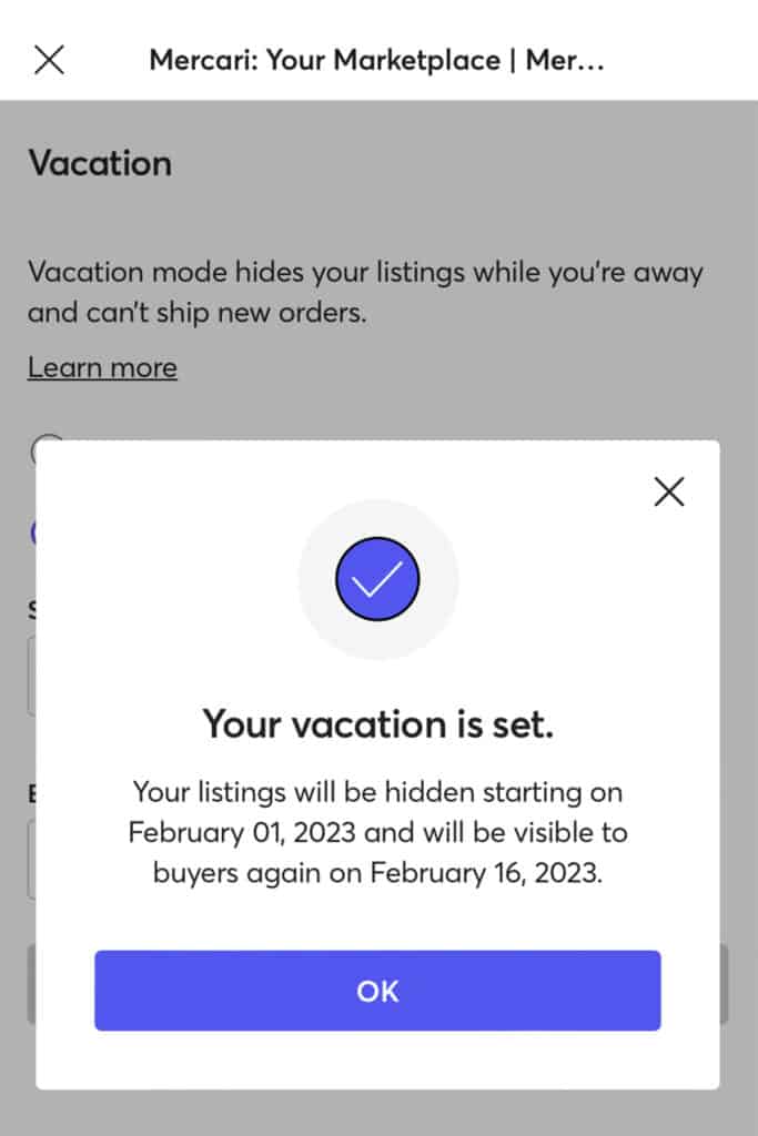the Mercari app with a message stating your vacation mode is set.