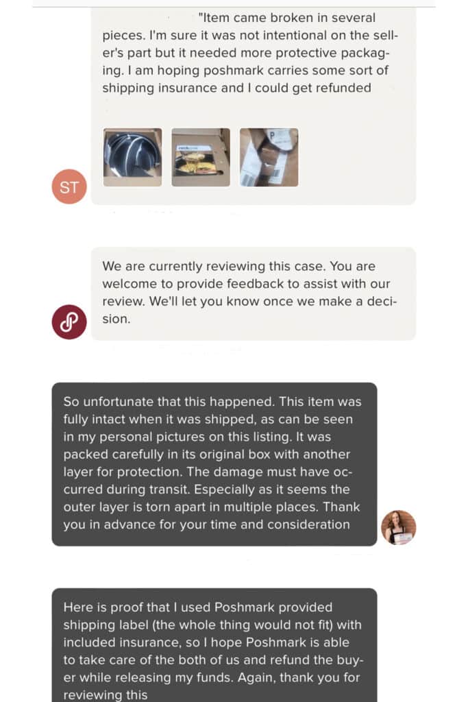 a chat correspondence between a poshmark buyer claiming an item arrived broken with the sellers response.