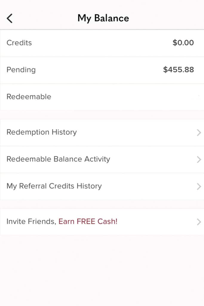 a screenshot from the poshmark app showing an account credits and balance history.