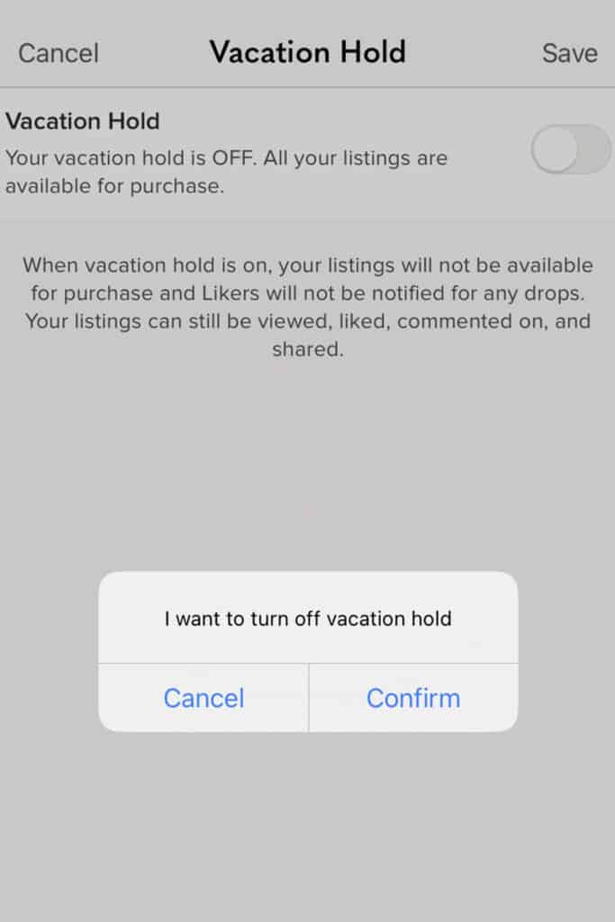 the poshmark app showing a screen with turning off vacation hold.