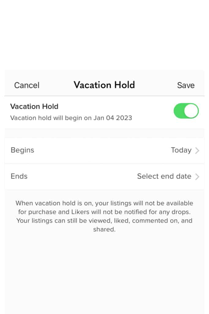 screenshot of the poshmark app showing vacation mode being toggled on.