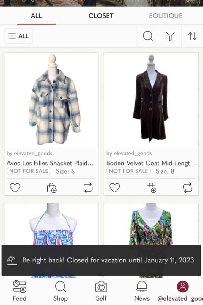 poshmark closet listings with a vacation mode banner at the bottom of the screen.