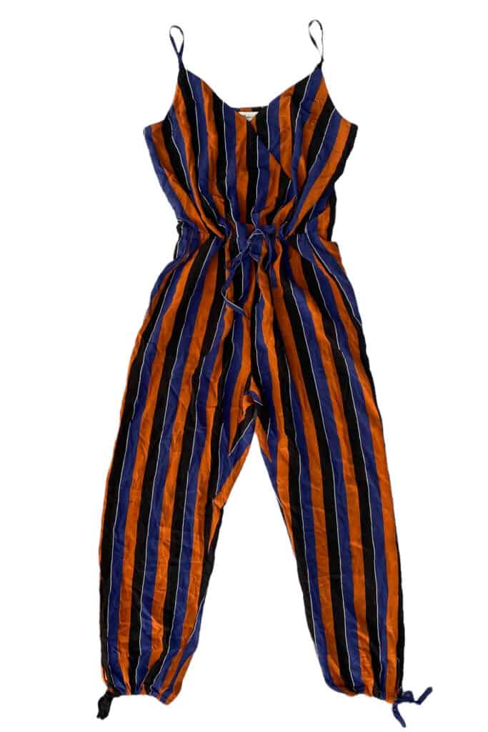 a blue and orange striped madewell jumpsuit.