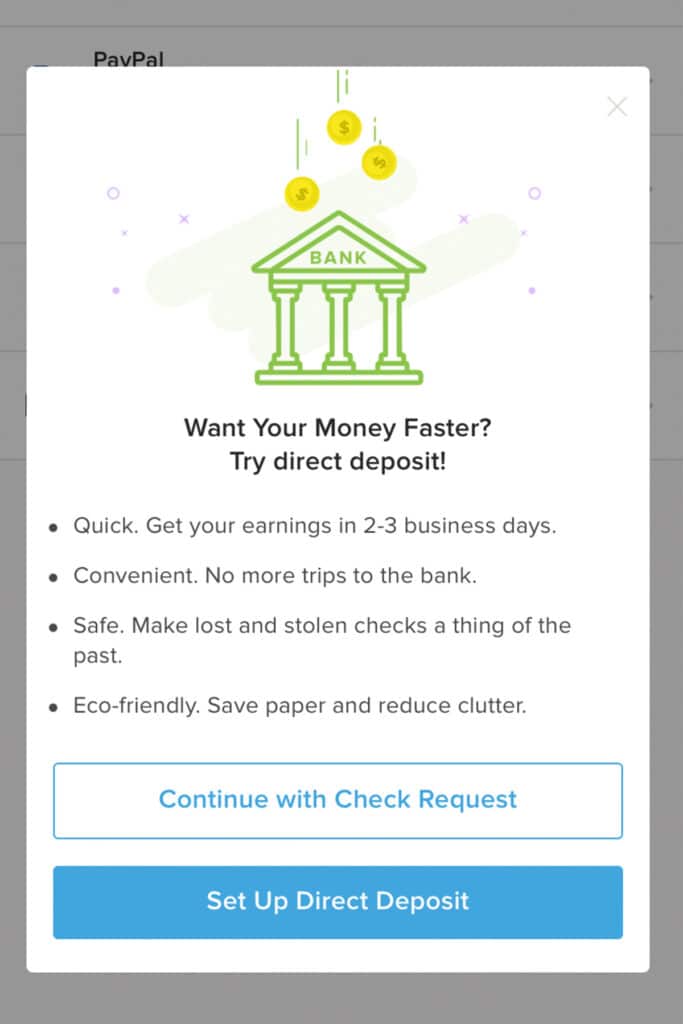 screenshot of the poshmark app showing how to set up direct deposit redemption.