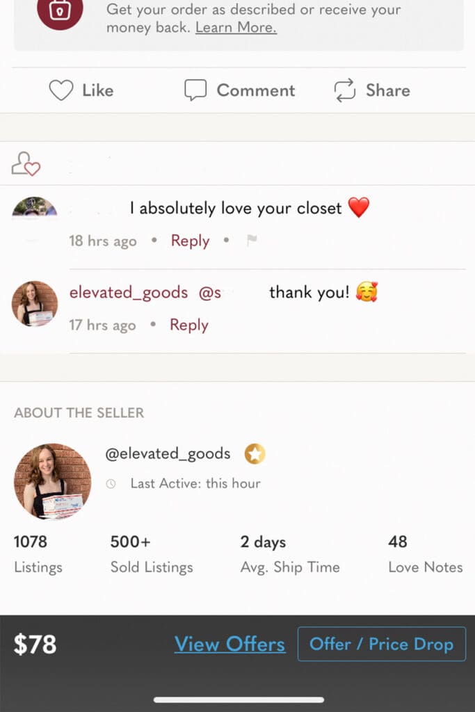 a screenshot of the poshmark app where a user commented on a listing.