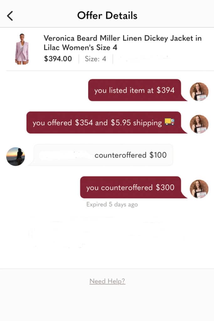 a screenshot of the poshmark app where a buyer is sending an offer on a veronica beard jacket.