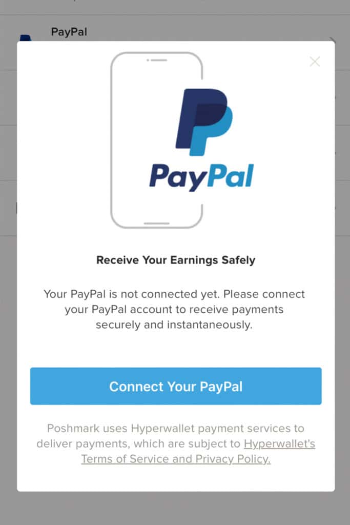 screenshot of the poshmark app showing how to set up paypal redemption.