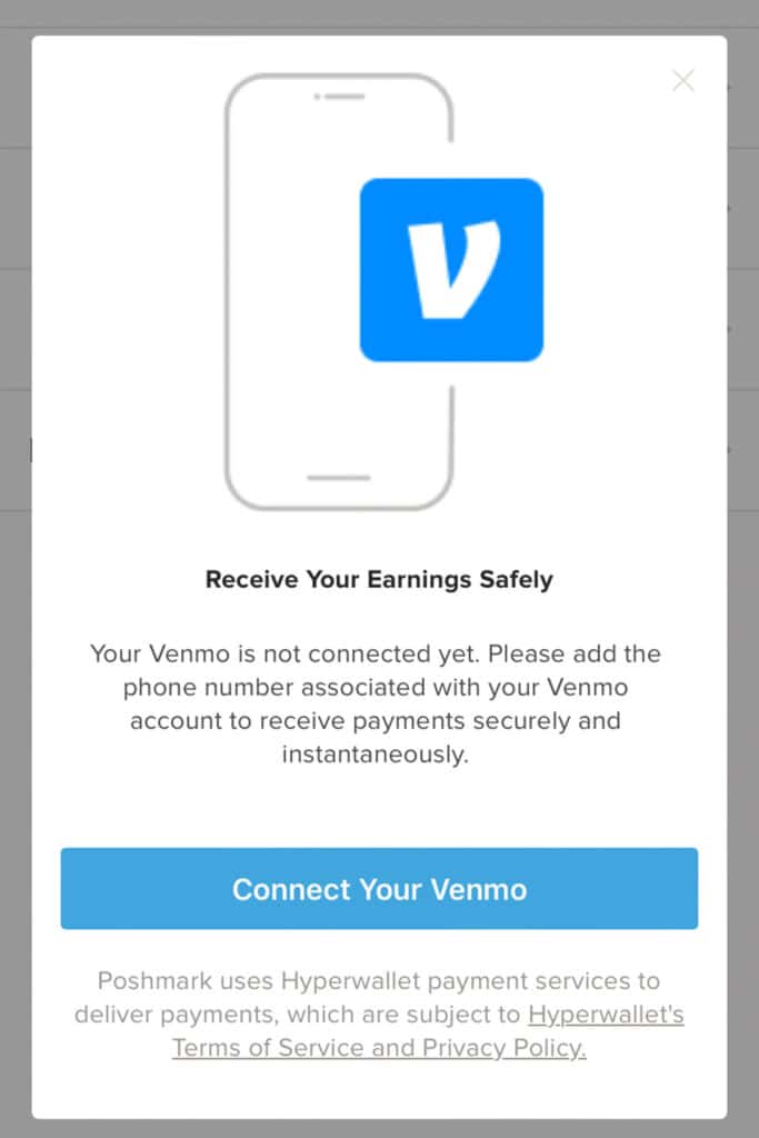 screenshot of the poshmark app showing how to set up venmo redemption.