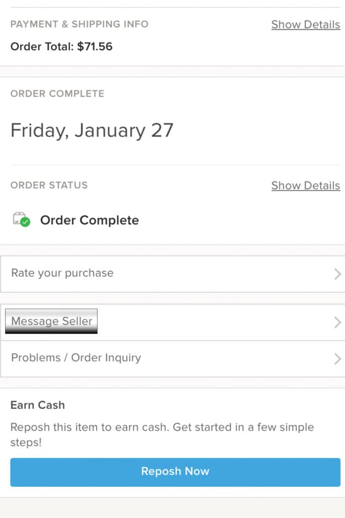 a screenshot of the poshmark app showing an order confirmation page.