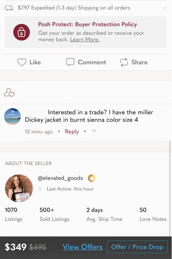 screenshot of the poshmark app with a comment asking about trading items on poshmark.