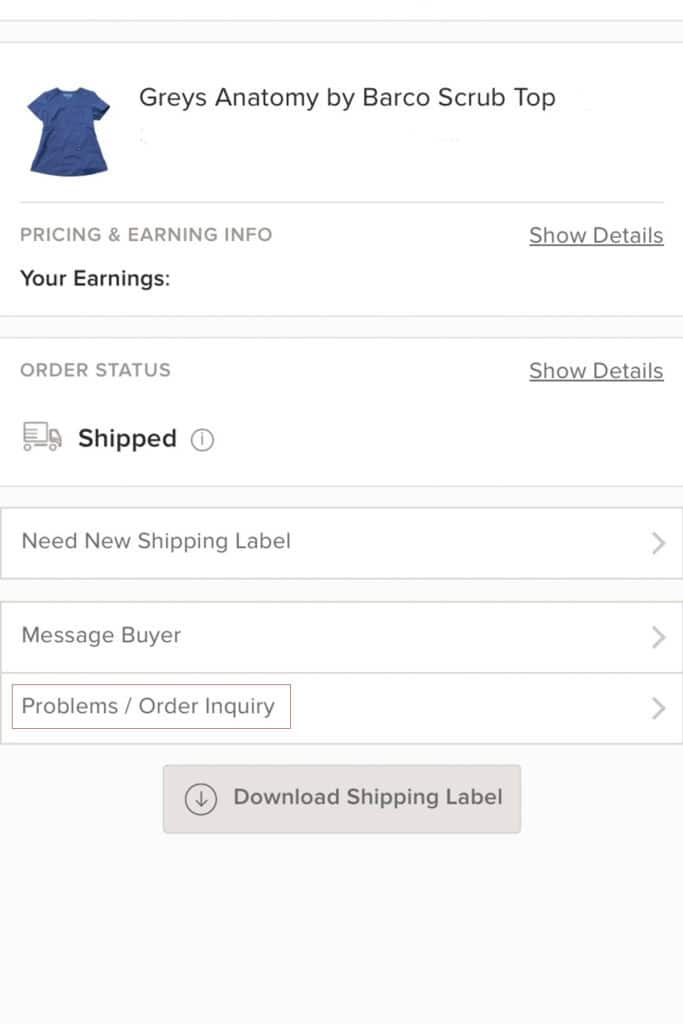 a screenshot of the poshmark app showing the order details for a greys anatomy scrub top.