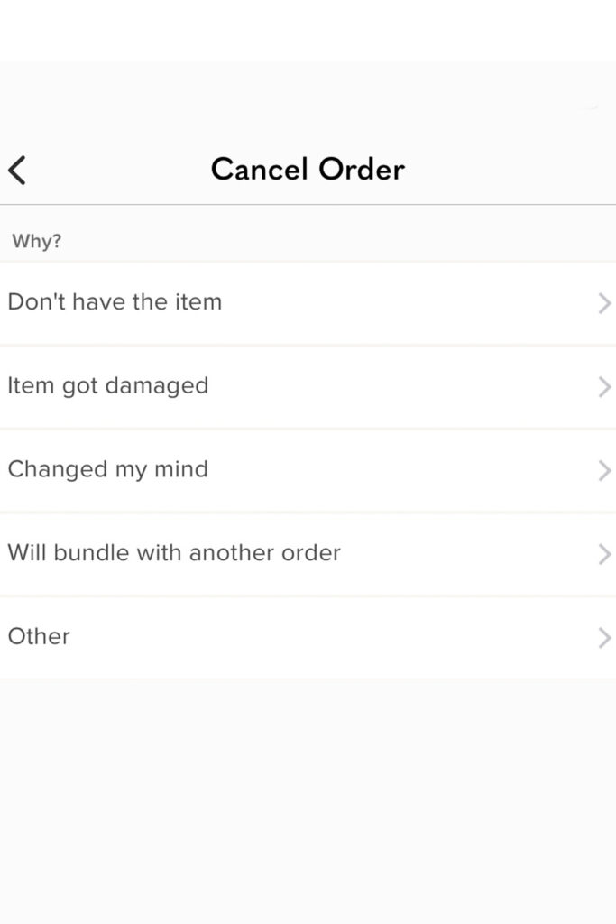 a screenshot of the poshmark app showing order cancellation options.