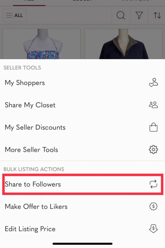 screenshot of the poshmark app showing how to share to followers.