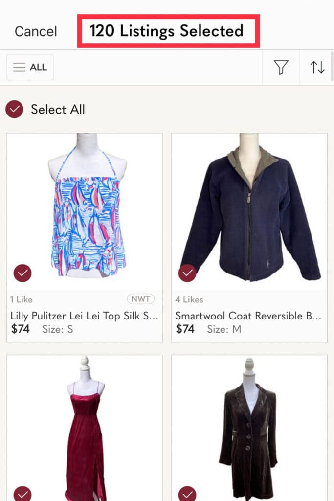 screenshot of the poshmark app showing how to bulk share in a closet.