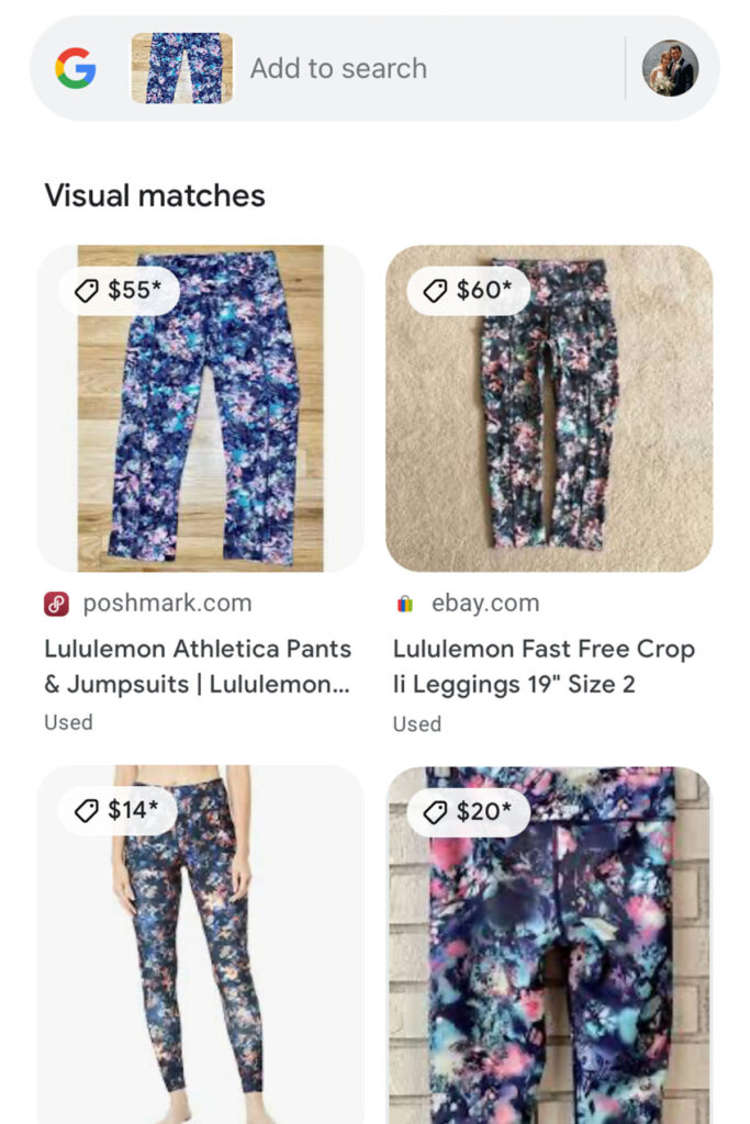 a screenshot of google lens searching for a pair of lululemon leggings.