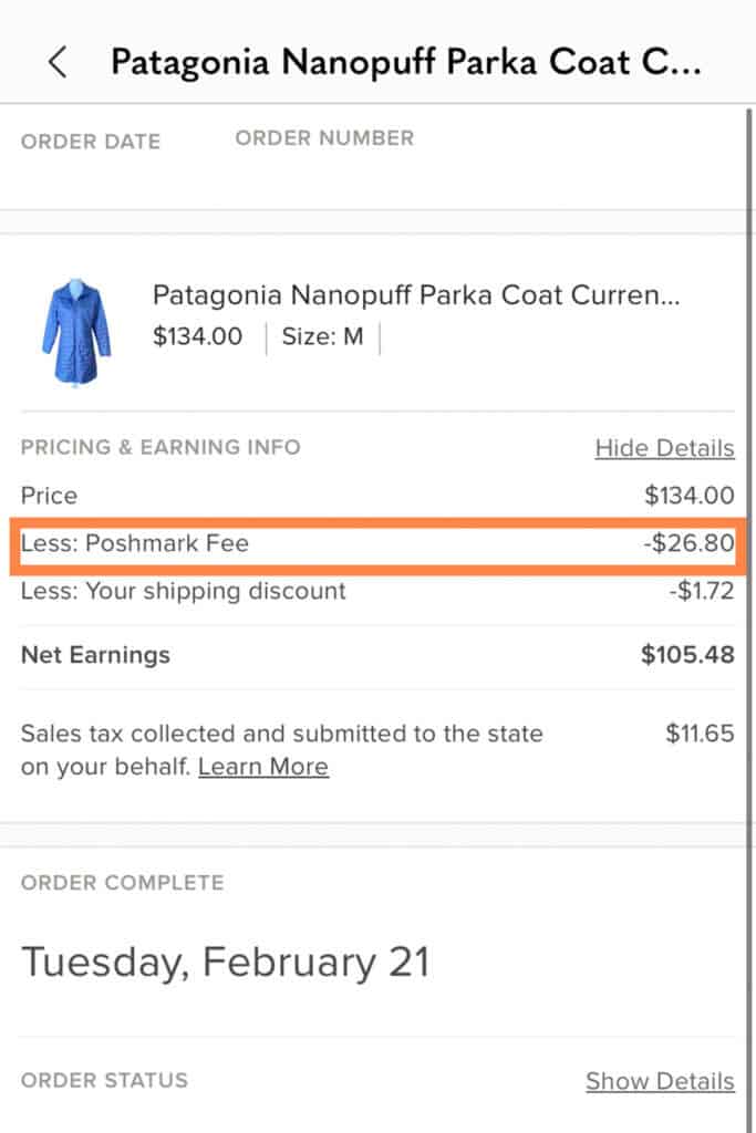 screenshot of the poshmark app showing an order confirmation with the associated seller fees.