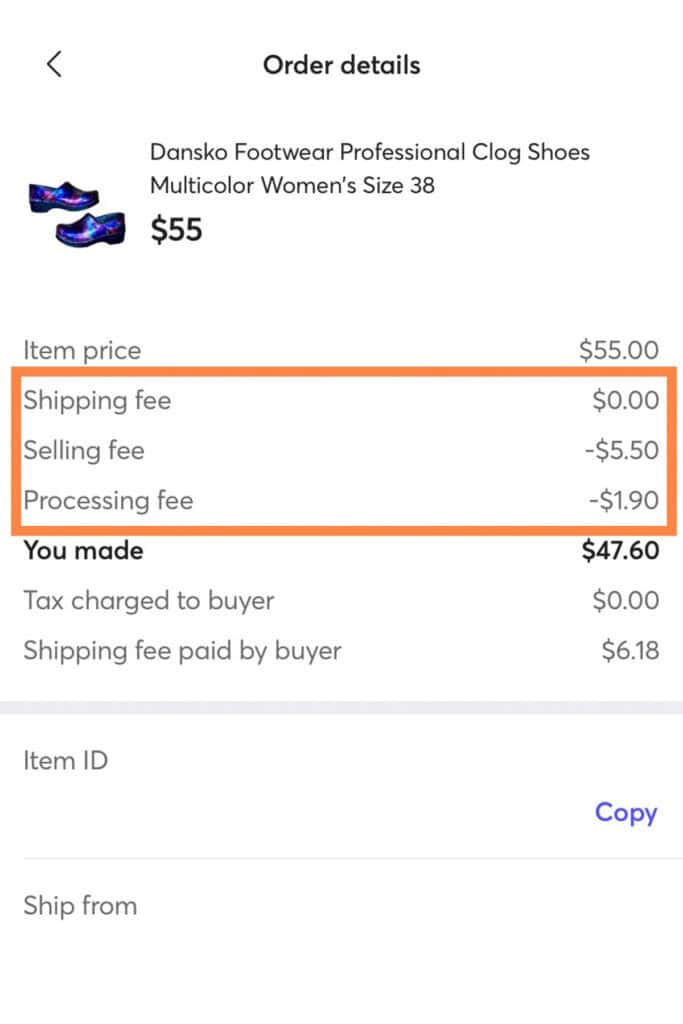 screenshot of the mercari app showing an order confirmation with the associated seller fees.