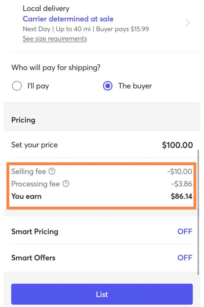 screenshot of the mercari app showing a listing draft with the associated seller fees.