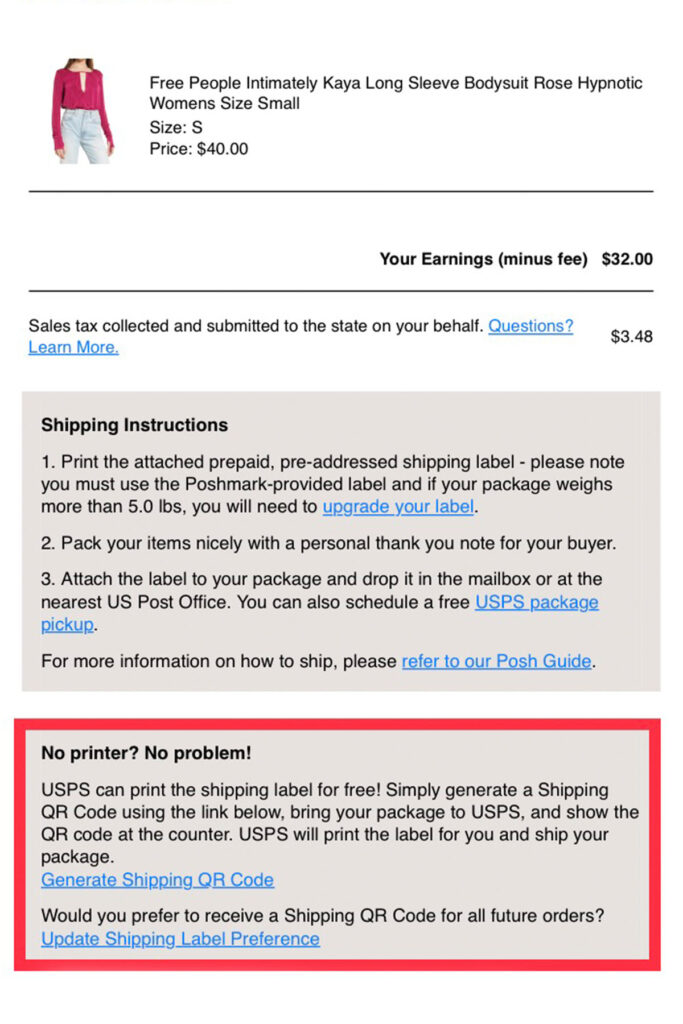 a screenshot of an email from poshmark with instructions on how to generate a QR code for shipping.