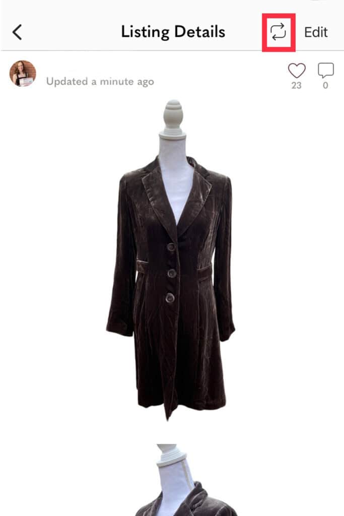 screenshot of the poshmark app showing how to share a velvet peacoat.