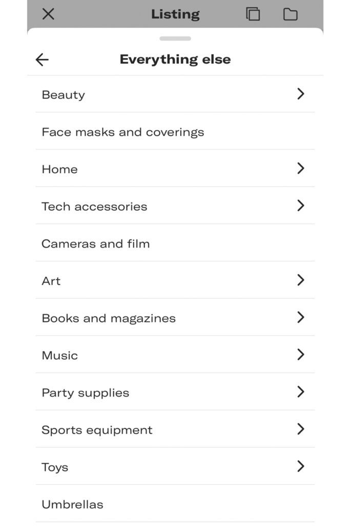 a screenshot of the depop app showing item categories.