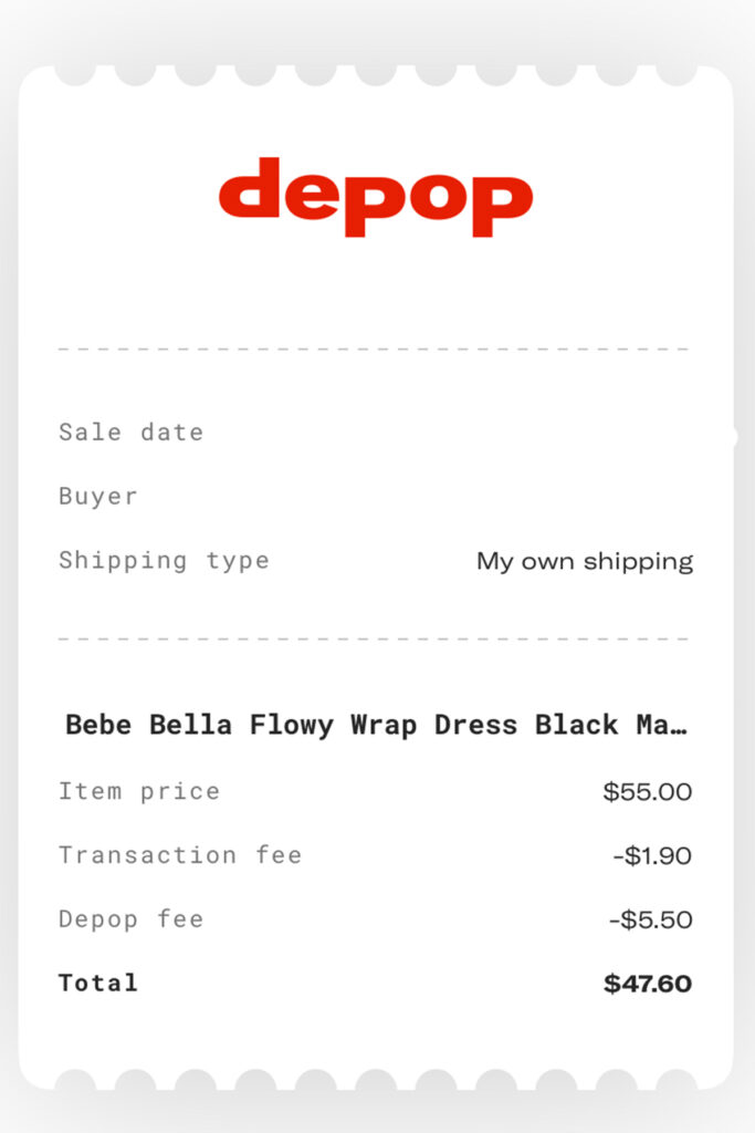 a screenshot of the depop app with an order receipt.
