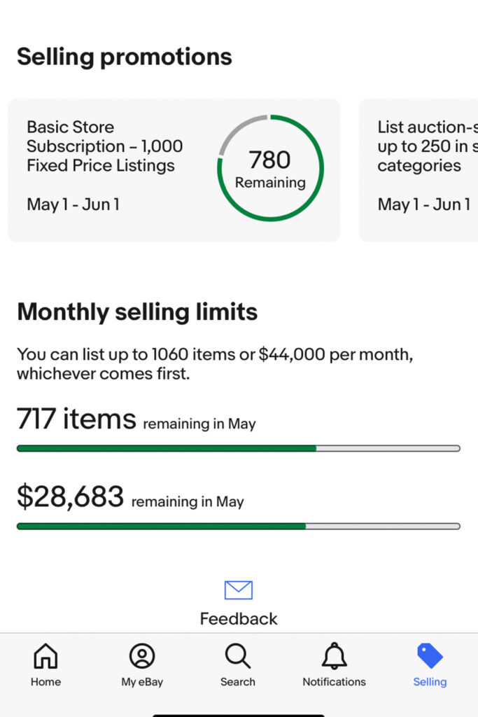 a screenshot of the eBay app showing the remaining free listings for an account.