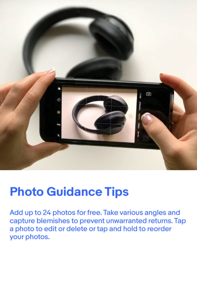 a screenshot of the eBay app showing photo tips.