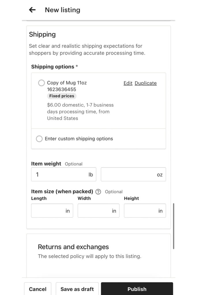 a screenshot of the etsy app showing the listing form with shipping options.