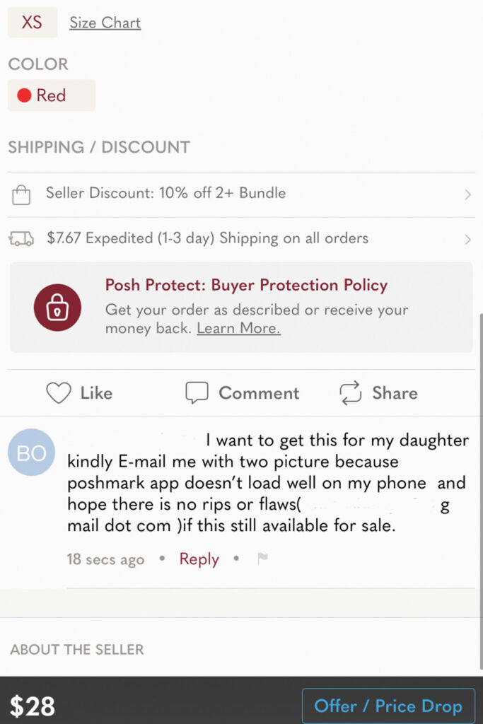 screenshot of the poshmark app where a user is asking about a transaction off of poshmark.