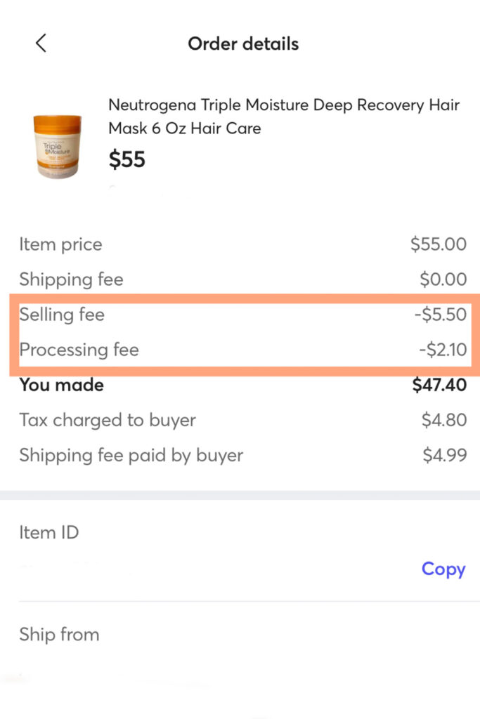 a screenshot of the mercari app showing the fees paid for a sale.
