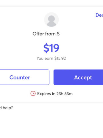 a screenshot of the mercari app with a $19 offer.