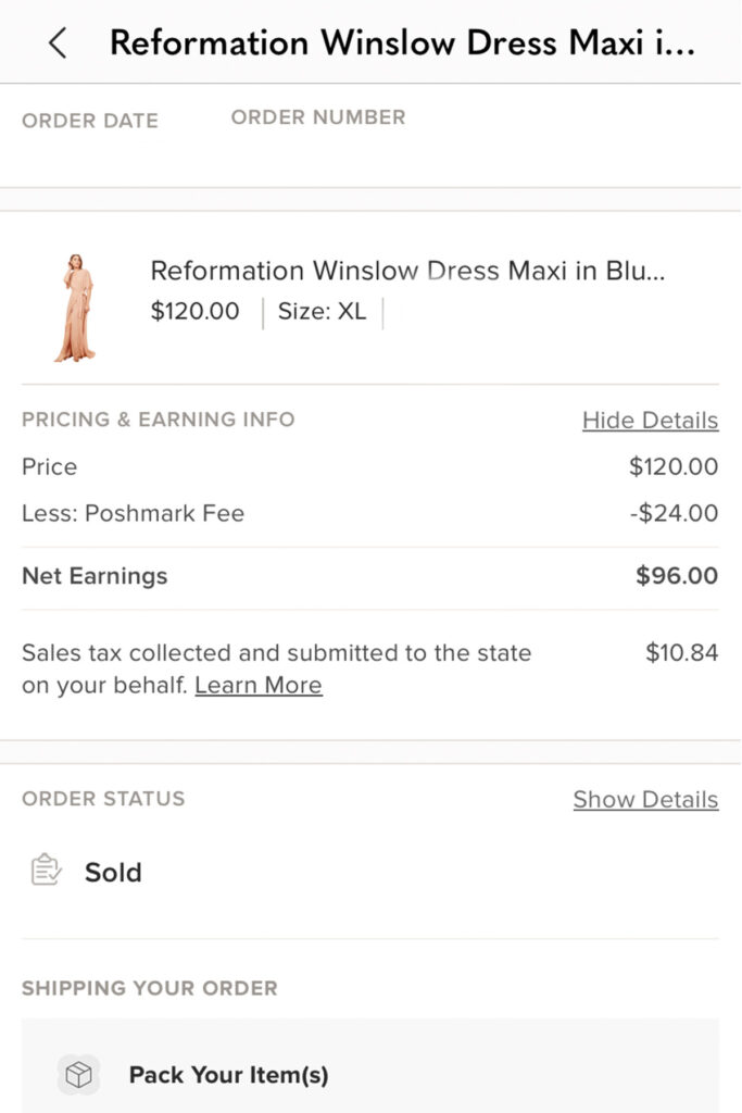 a screenshot of the poshmark app on an order details page.