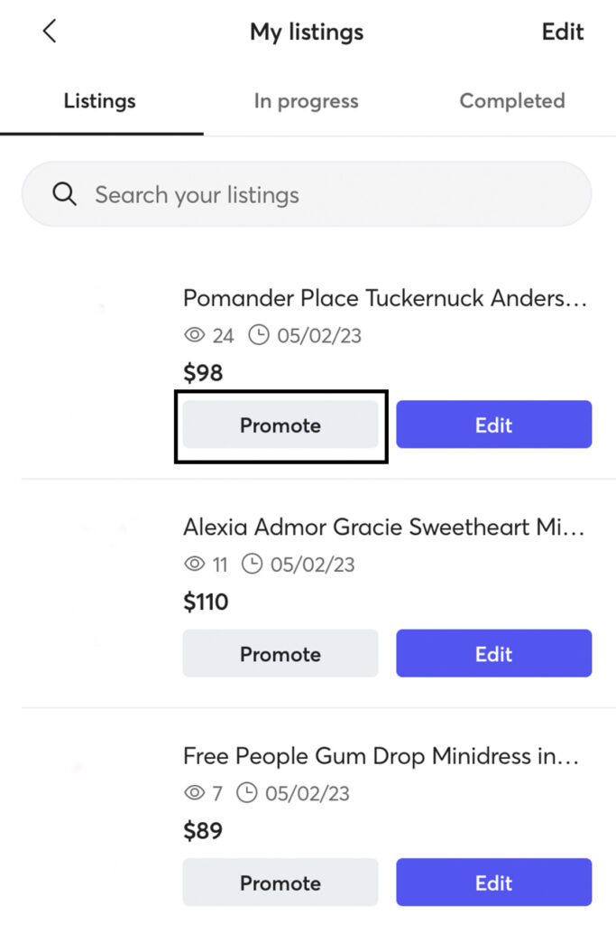 a screenshot of the mercari app with 3 listings showing how to promote an item.