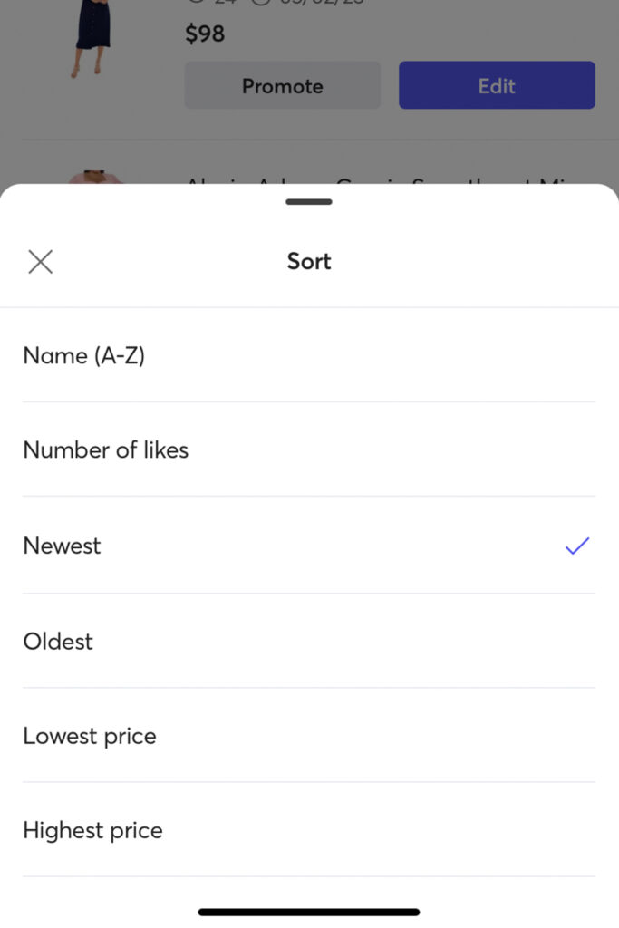 a screenshot of the mercari app showing the sort filter.