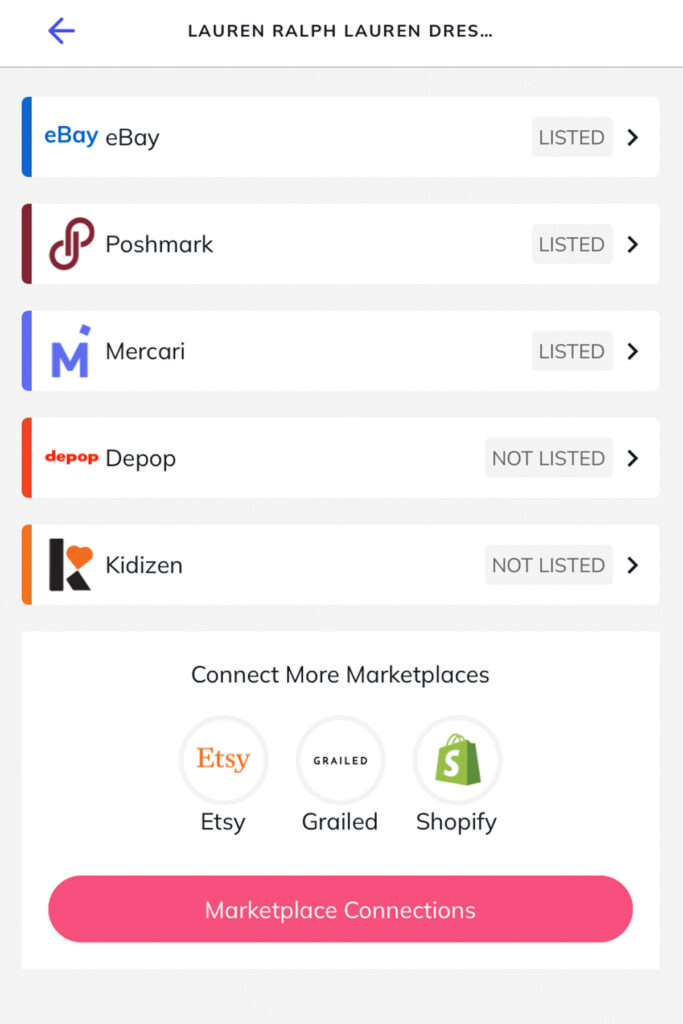 a screenshot of the vendoo app showing a users marketplace connections.