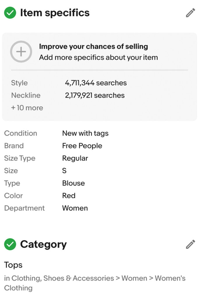 screenshot of the ebay app showing a listing form with item specifics.