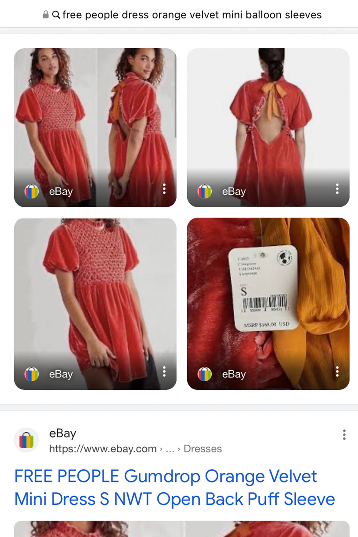 screenshot of google search results for an orange velvet free people dress.