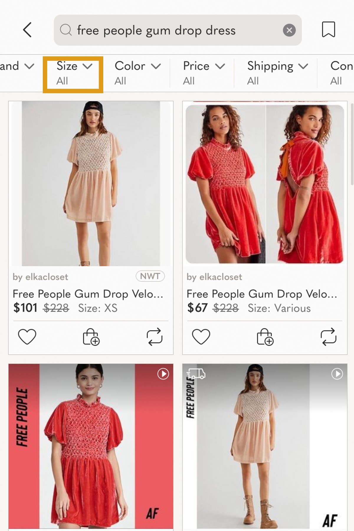 poshmark available listings for a free people gumdrop dress.