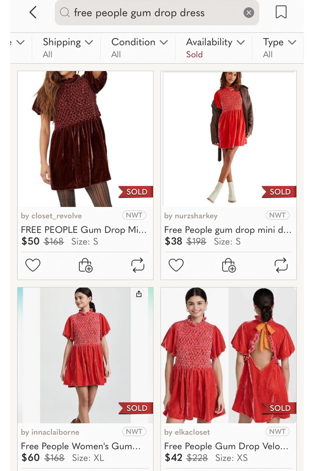 poshmark sold listings for a free people gumdrop dress.