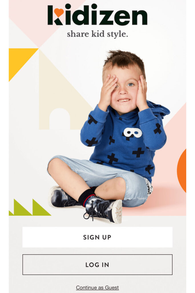 a screenshot of the kidizen app showing a sign up and login screen.